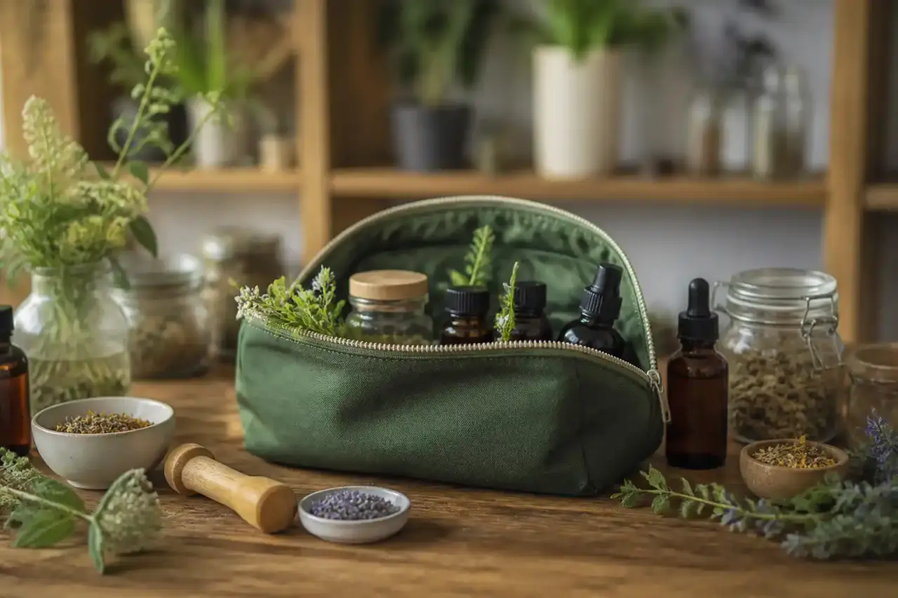 Plantes médicinales fraîches disposées sur une pierre claire dans une lumière douce du matin