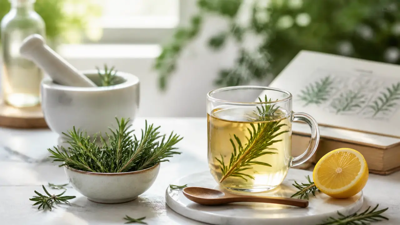 Plantes médicinales fraîches sur une surface claire, ambiance lumineuse et apaisante