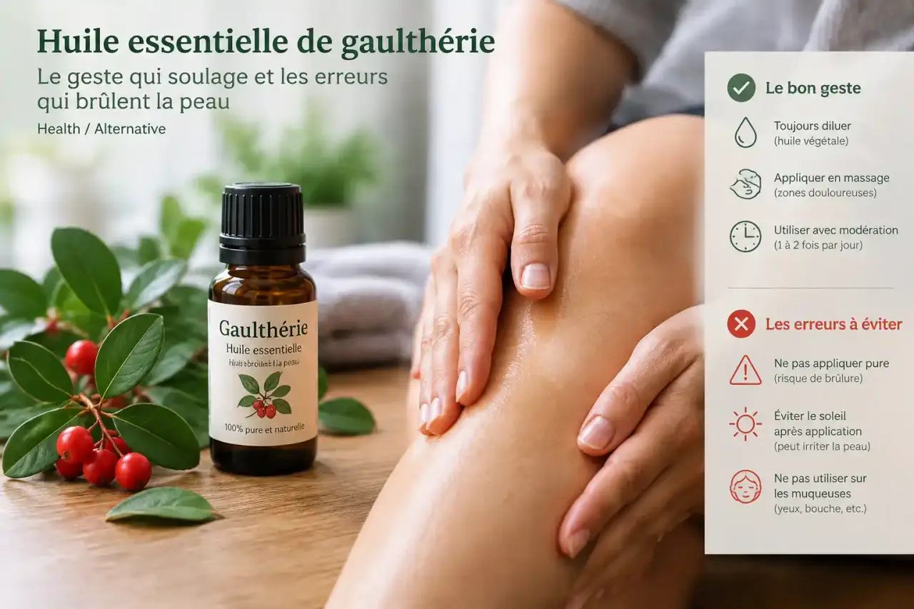 Huile essentielle de gaulthérie : le geste qui soulage et les erreurs qui brûlent la peau