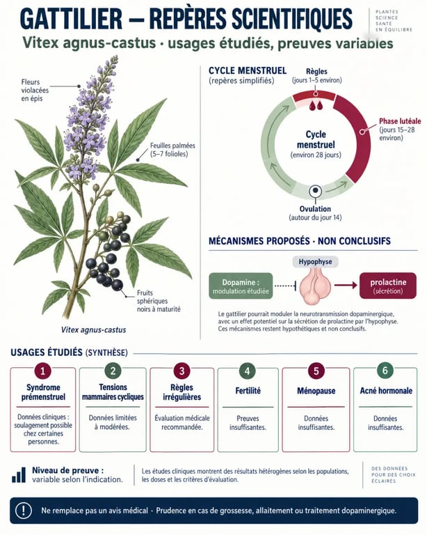 Infographie sur les bienfaits du gattilier, le syndrome prémenstruel et les précautions d’usage