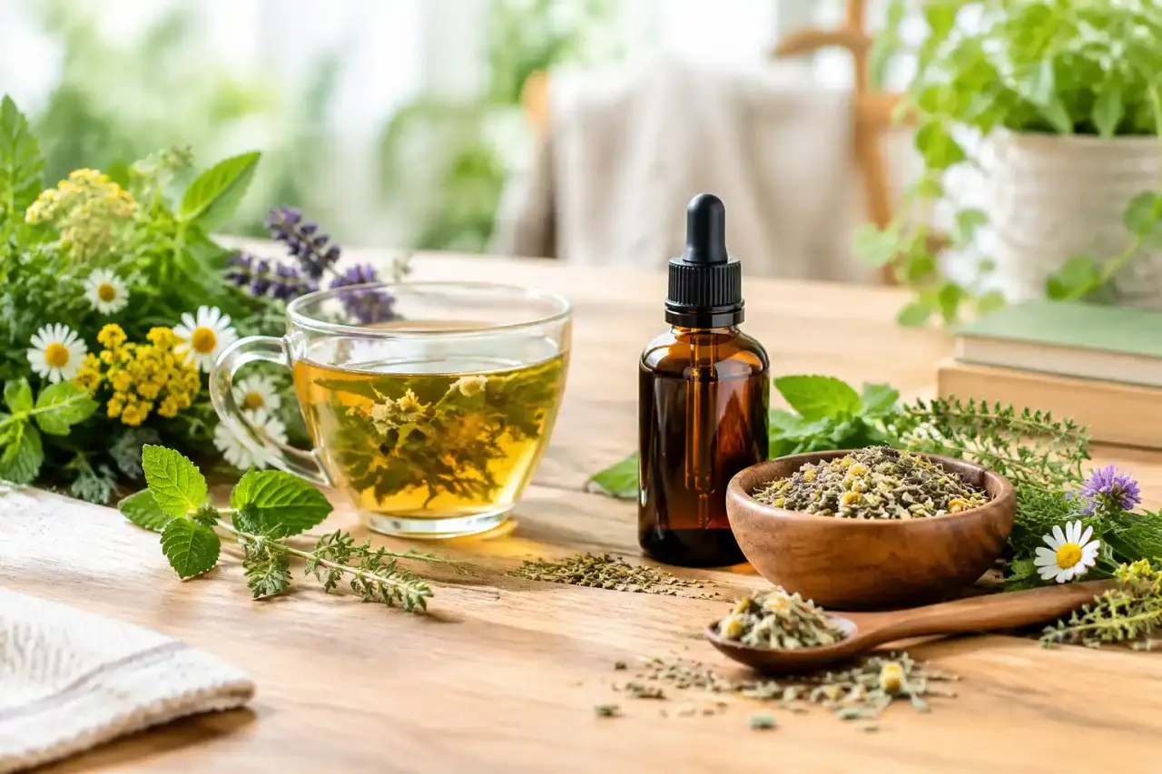 Plantes médicinales et tasse d'infusion pour accompagner la digestion