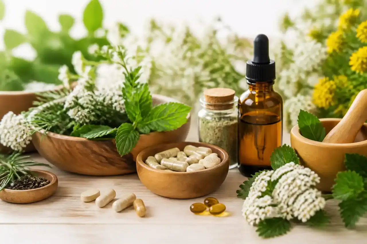Plantes médicinales séchées et fioles en verre ambré pour une cure botanique