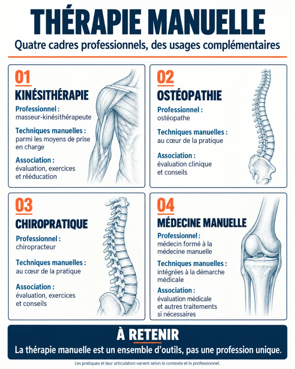 Infographie comparative sur la thérapie manuelle, la kinésithérapie, l’ostéopathie, la chiropratique et la médecine manuelle