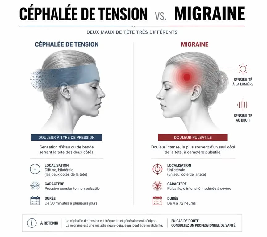 Différence entre céphalée de tension et migraine, remède mal de tête grand mère