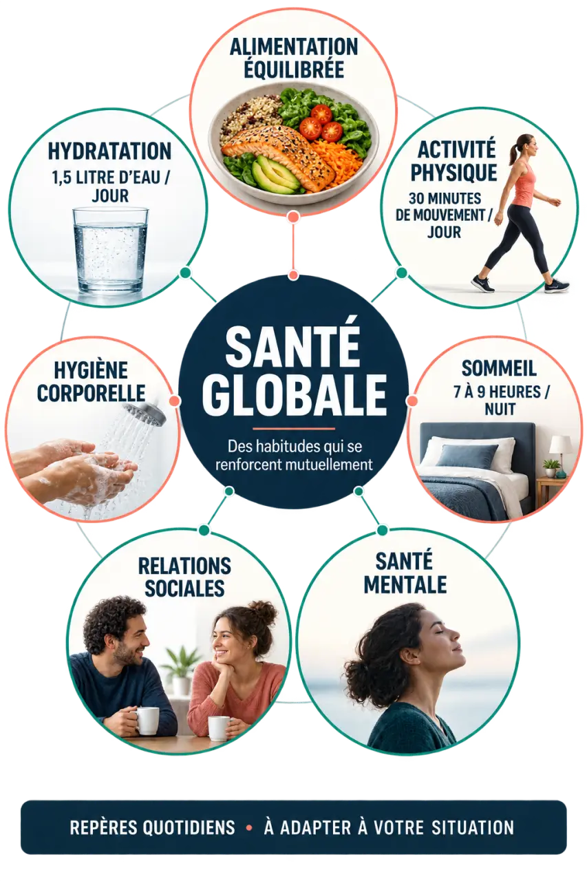 Infographie des principaux piliers de l’hygiène de vie et de leurs effets sur la santé