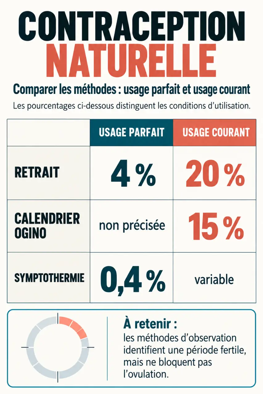 Infographie sur la contraception naturelle et les différences entre usage parfait et usage courant