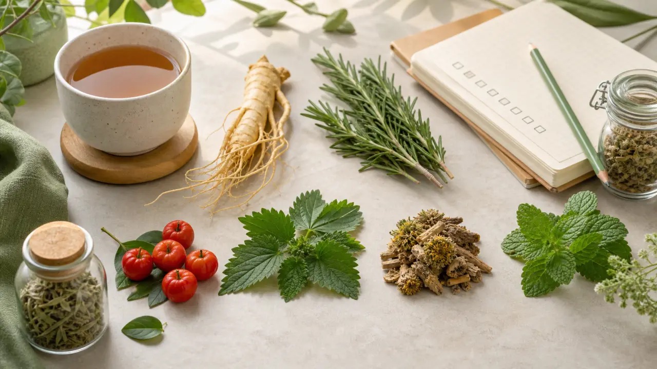 Plantes médicinales fraîches disposées sur une surface en pierre claire, lumière douce et apaisante