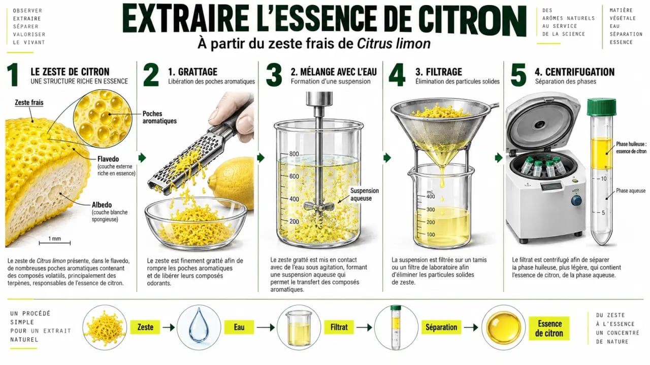 Schéma du procédé d’extraction de l’huile essentielle de citron à partir du zeste