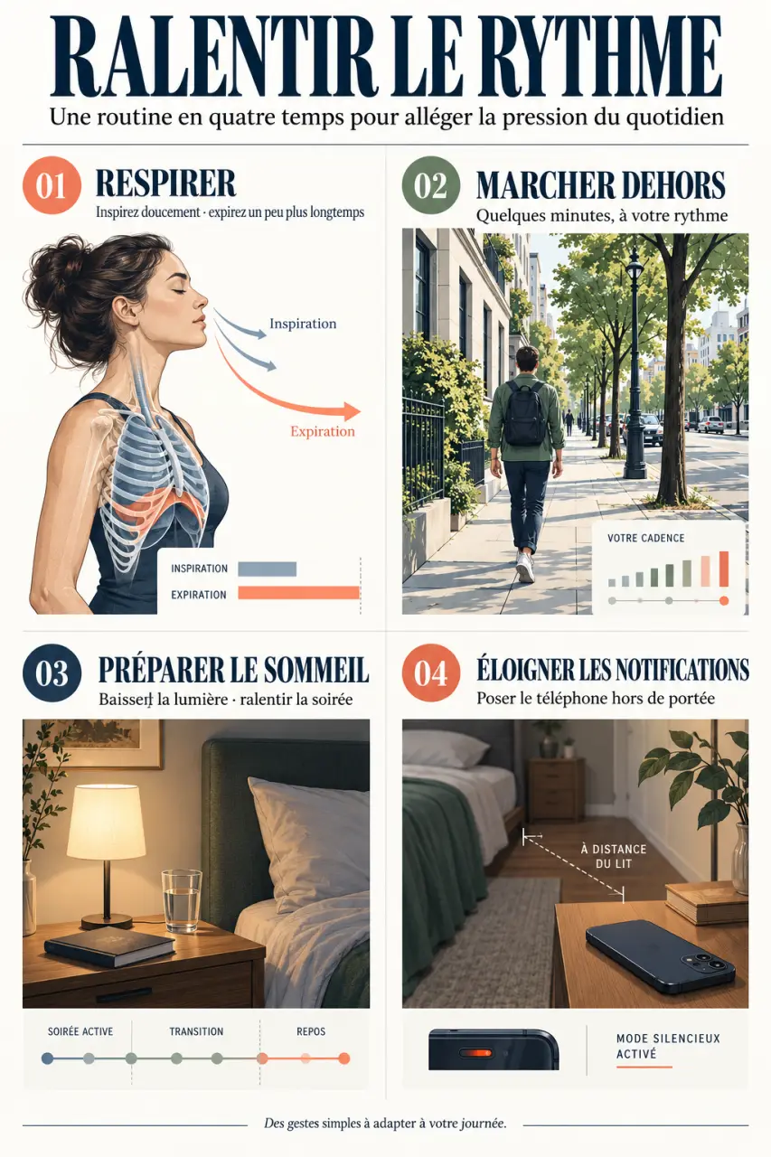 Illustration des étapes pour comprendre comment réduire le stress naturellement par la respiration, la marche, le sommeil et la réduction des sollicitations