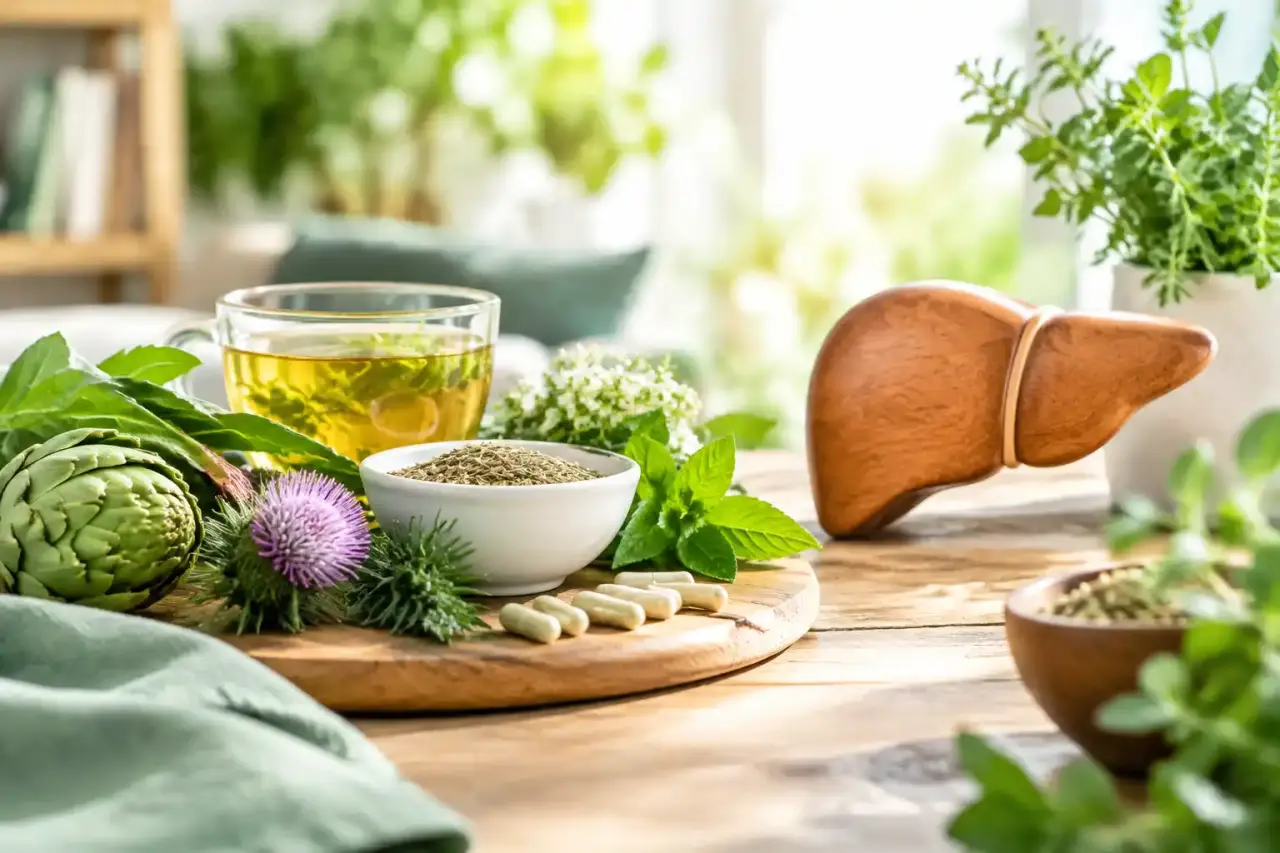 Plantes médicinales fraîches et infusion dans une ambiance naturelle et lumineuse
