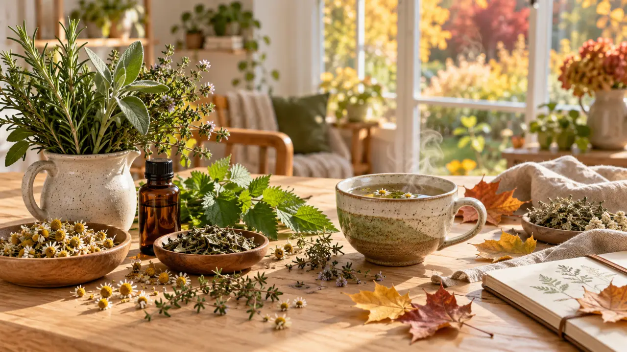 Plantes médicinales fraîches et herbes séchées dans une lumière automnale douce