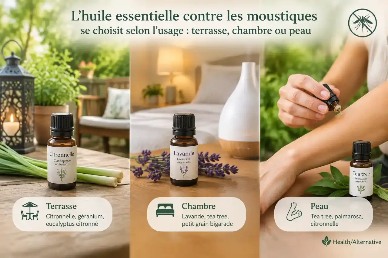 L’huile essentielle contre les moustiques se choisit selon l’usage : terrasse, chambre ou peau