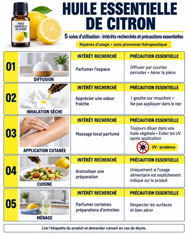 Infographie des usages et précautions de l’huile essentielle de citron