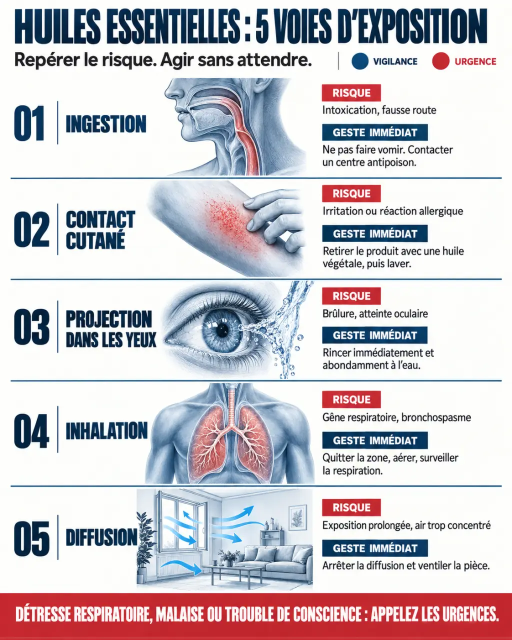 Infographie sur les dangers des huiles essentielles selon les voies d’exposition