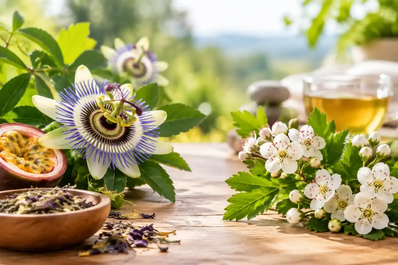 Plantes médicinales fraîches et fleurs de passiflore dans une ambiance lumineuse et apaisante