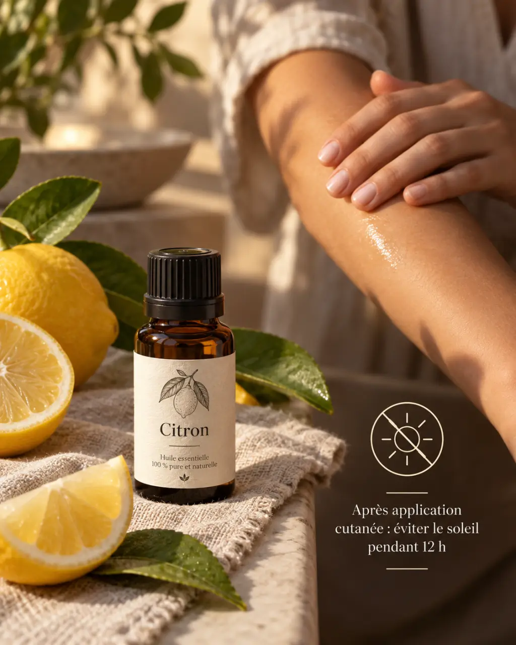 Huile essentielle de citron : 12 heures sans soleil après application cutanée