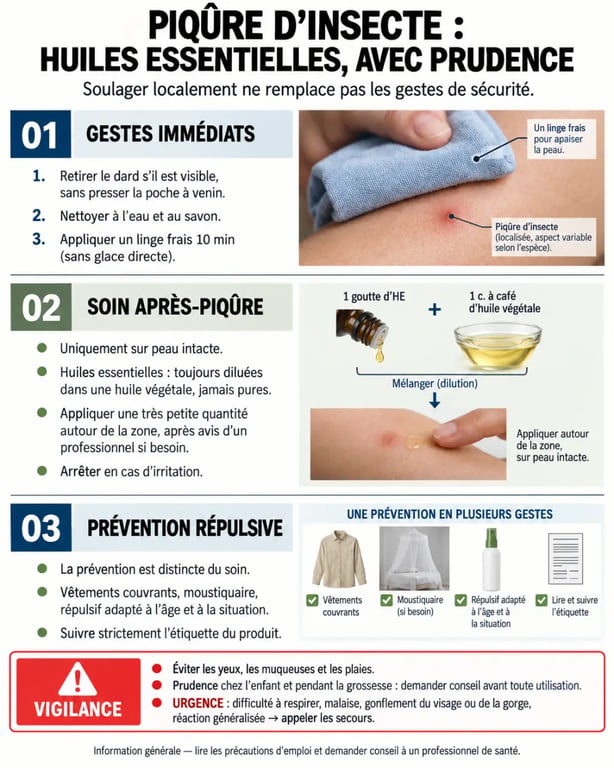 Huile essentielle pour piqûre d'insecte : gestes immédiats, application prudente et signes d'urgence