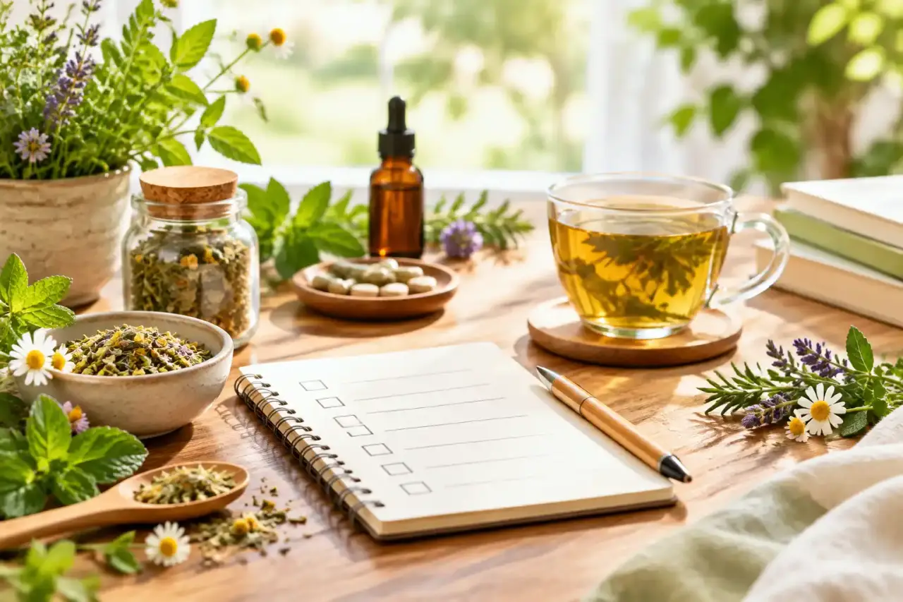 Plantes médicinales fraîches et infusion préparée dans une ambiance lumineuse