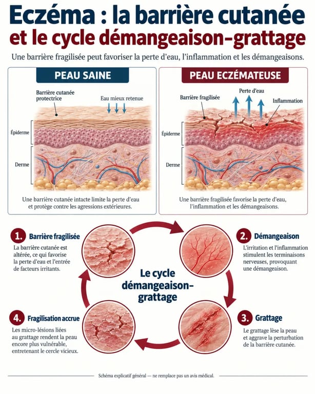 Infographie sur l’eczéma remèdes naturels, la barrière cutanée et le cycle démangeaison-grattage