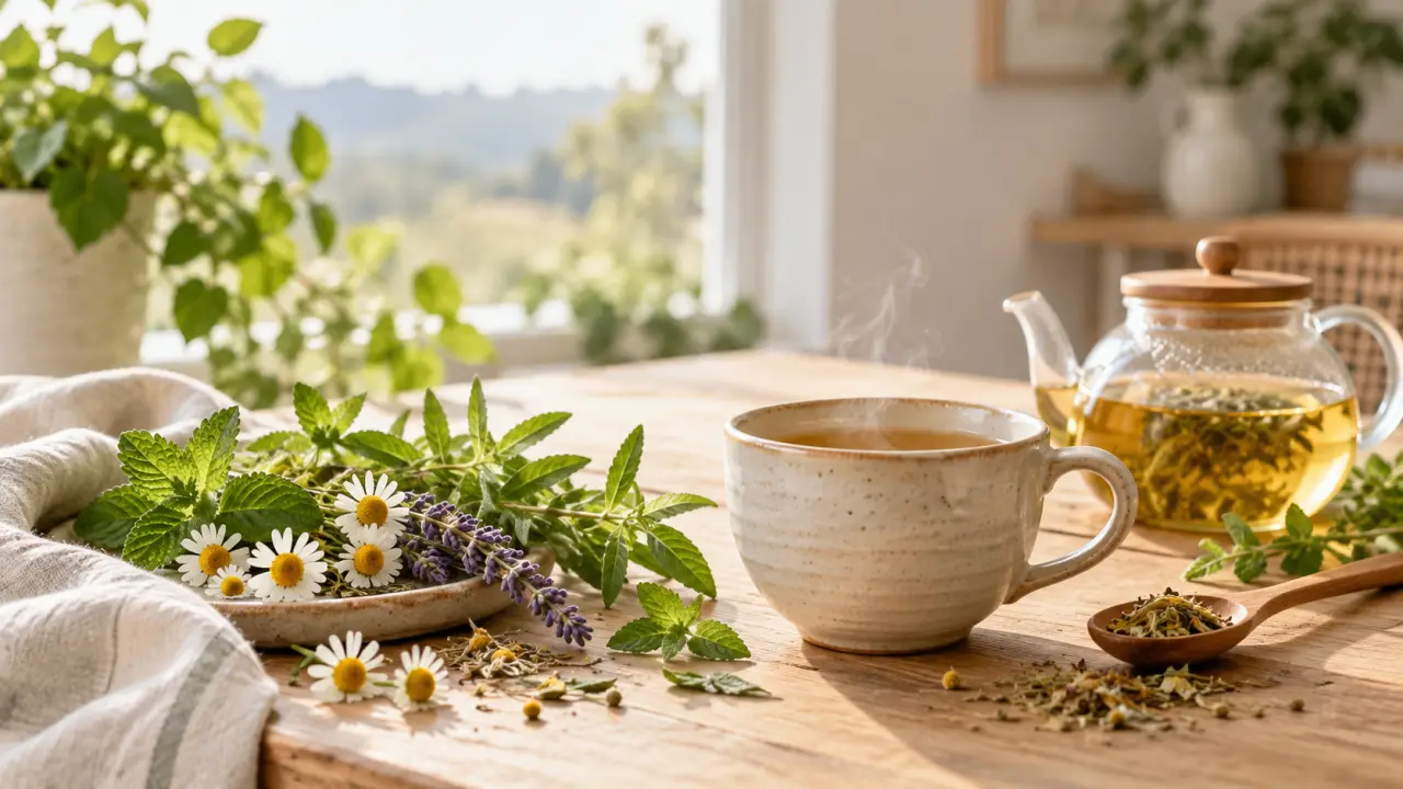 Tasse de tisane aux plantes apaisantes préparée dans une ambiance naturelle et lumineuse