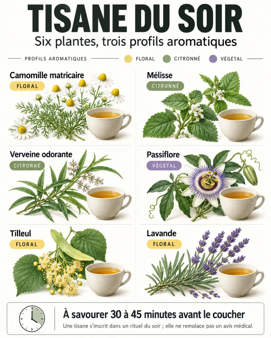 Infographie sur les plantes utilisées dans une tisane pour dormir et leurs profils aromatiques