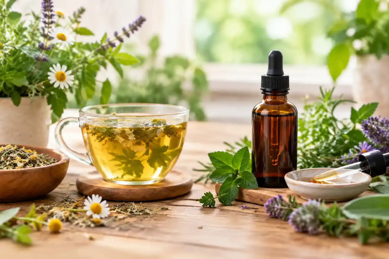 Plantes médicinales fraîches et préparations botaniques sur une surface claire