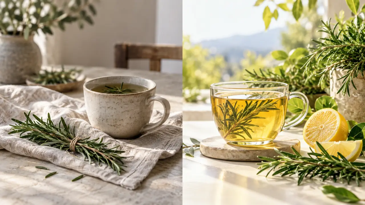 Branche de romarin frais et infusion dans une tasse en céramique claire