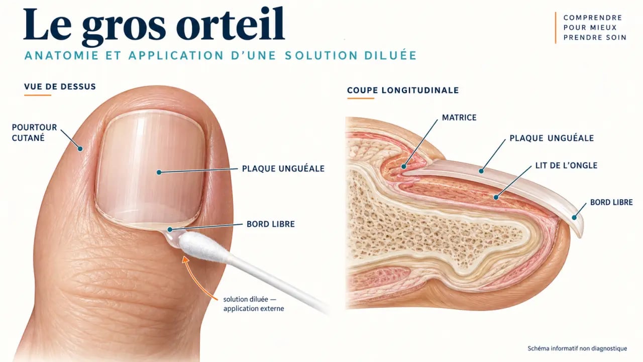 Schéma explicatif sur la mycose des ongles et huiles essentielles avec zones d’application prudente