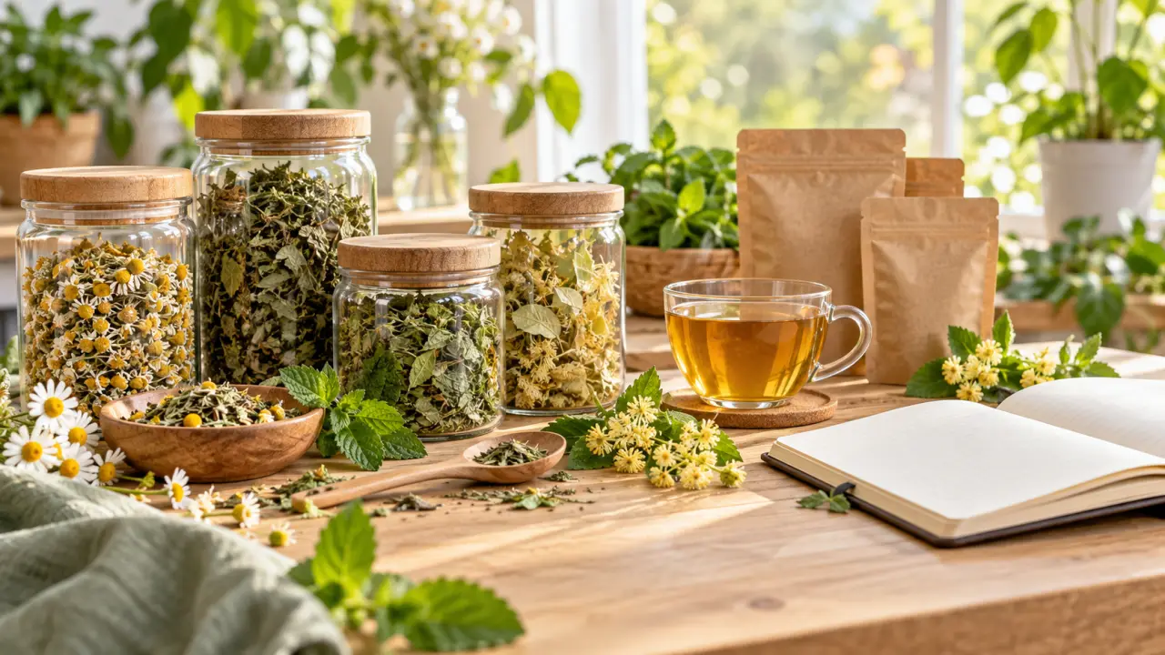 Plantes médicinales et accessoires pour préparer une cure de phytothérapie