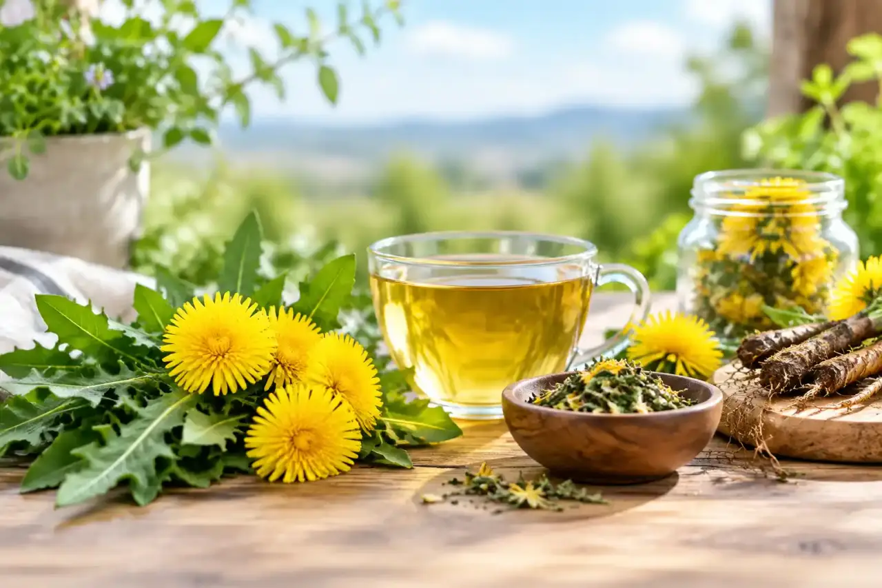 Fleurs et feuilles de pissenlit fraîchement cueillies sur une table claire