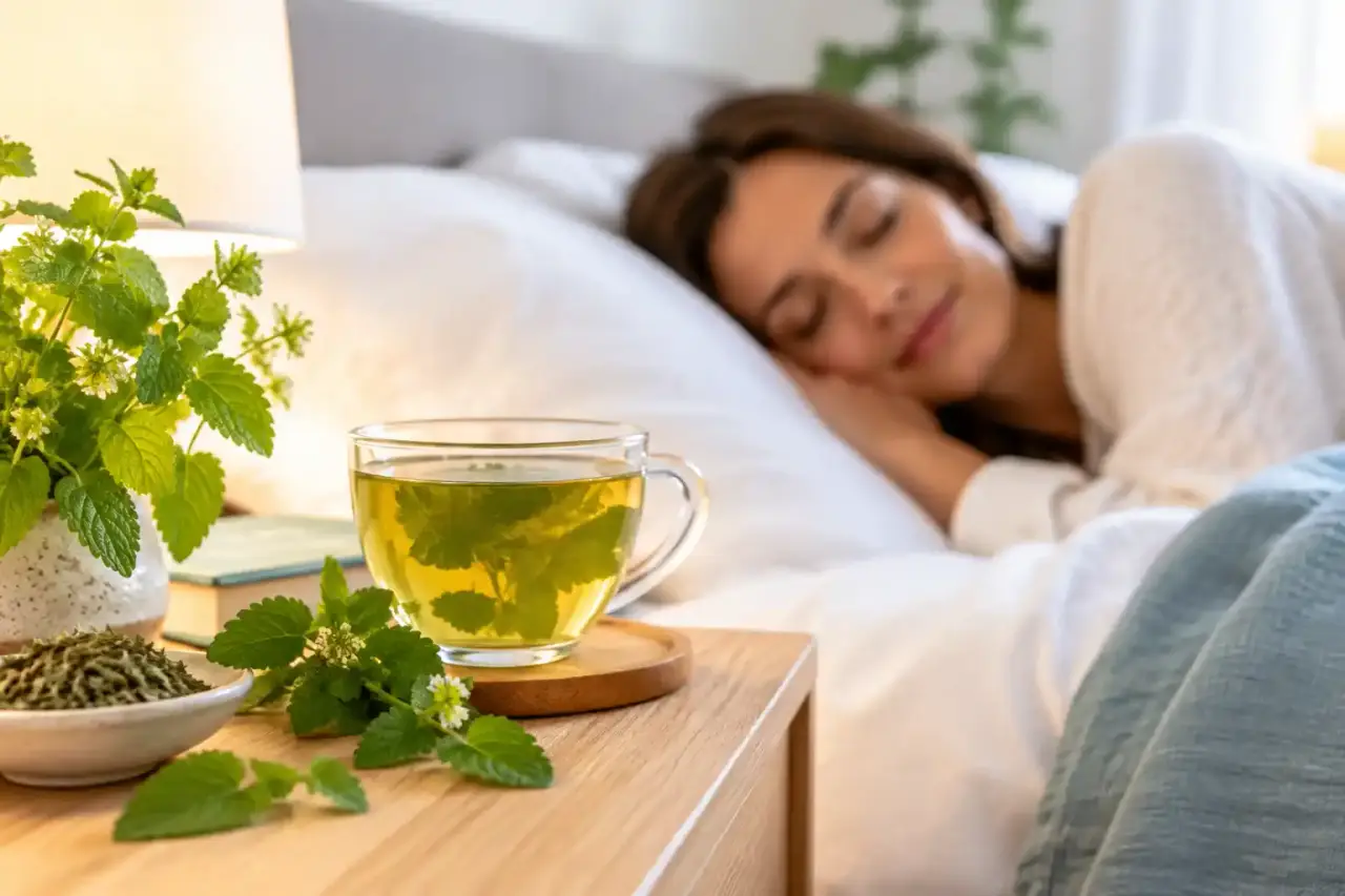 Infusion de mélisse dans une tasse en céramique, dans une ambiance douce et apaisante
