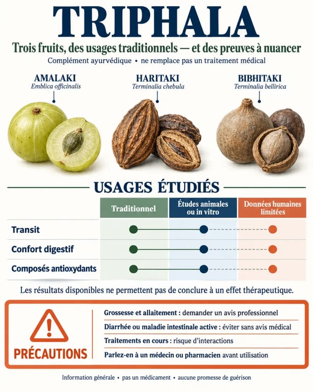 Infographie sur le triphala bienfaits et precautions, composition en trois fruits, niveaux de preuve et situations nécessitant un avis médical
