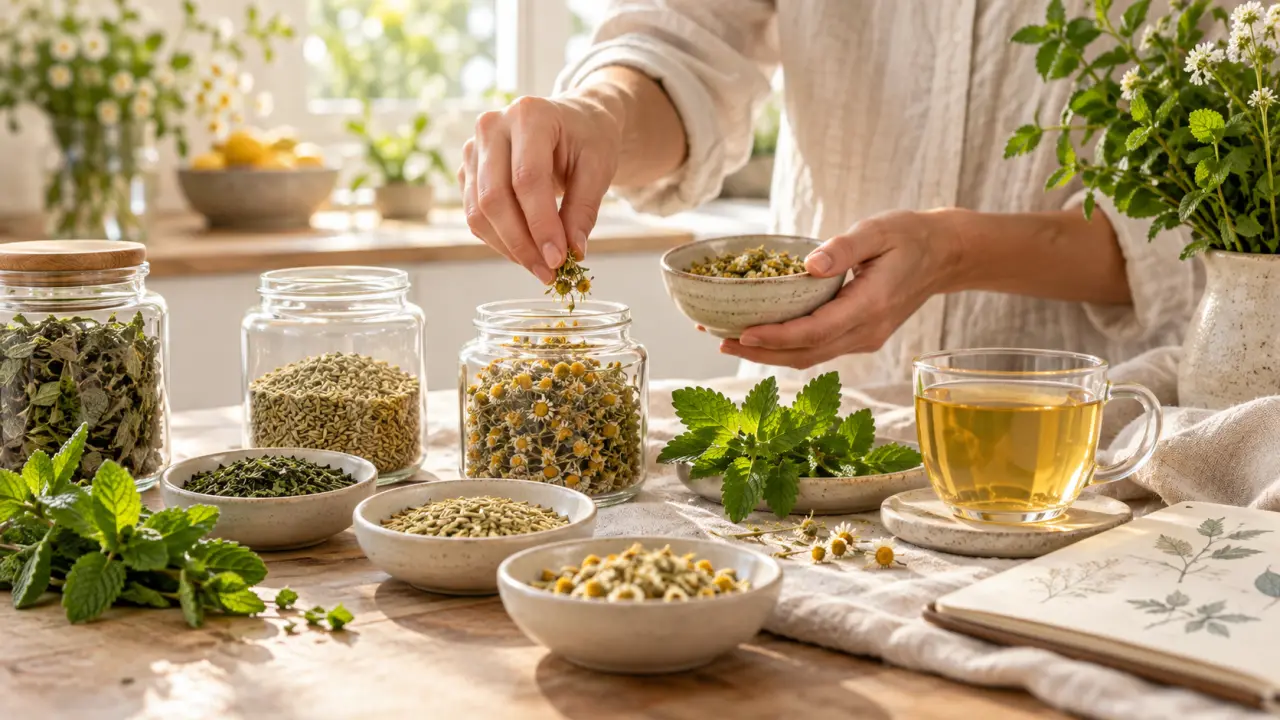 Plantes médicinales fraîches et infusion digestive sur une surface claire