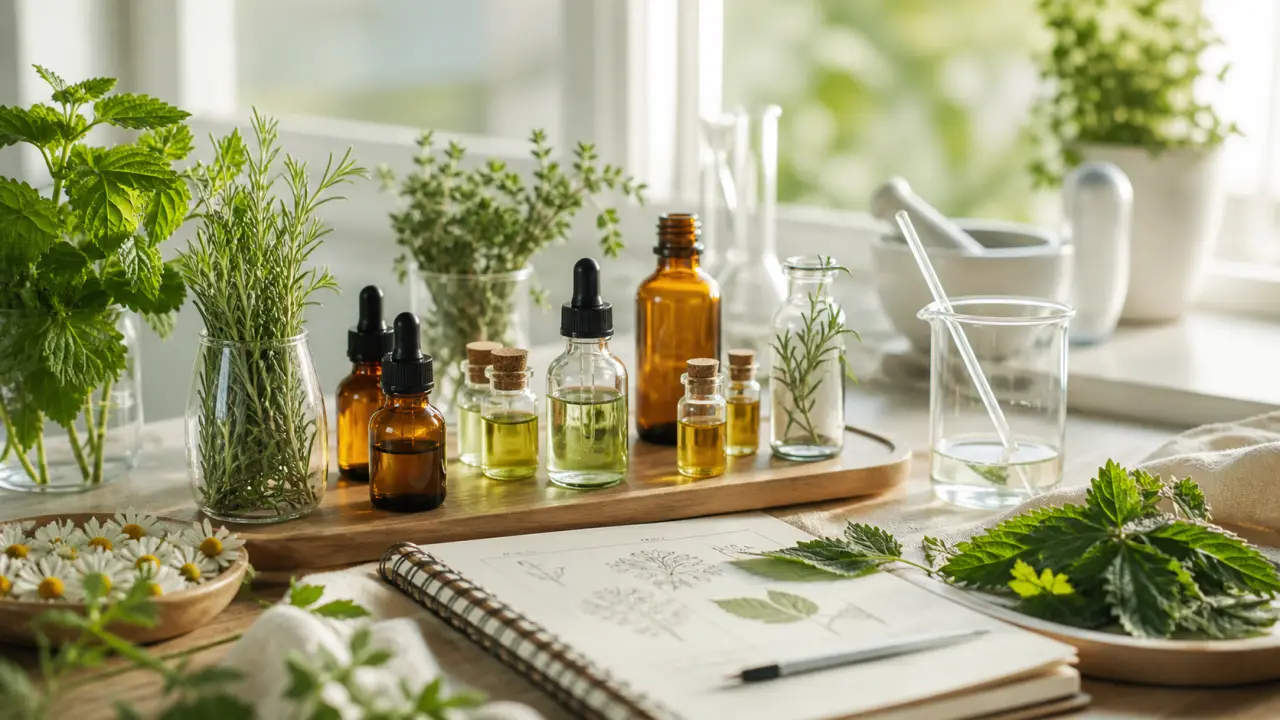 Plantes médicinales fraîches disposées sur une surface claire dans une ambiance lumineuse et apaisante