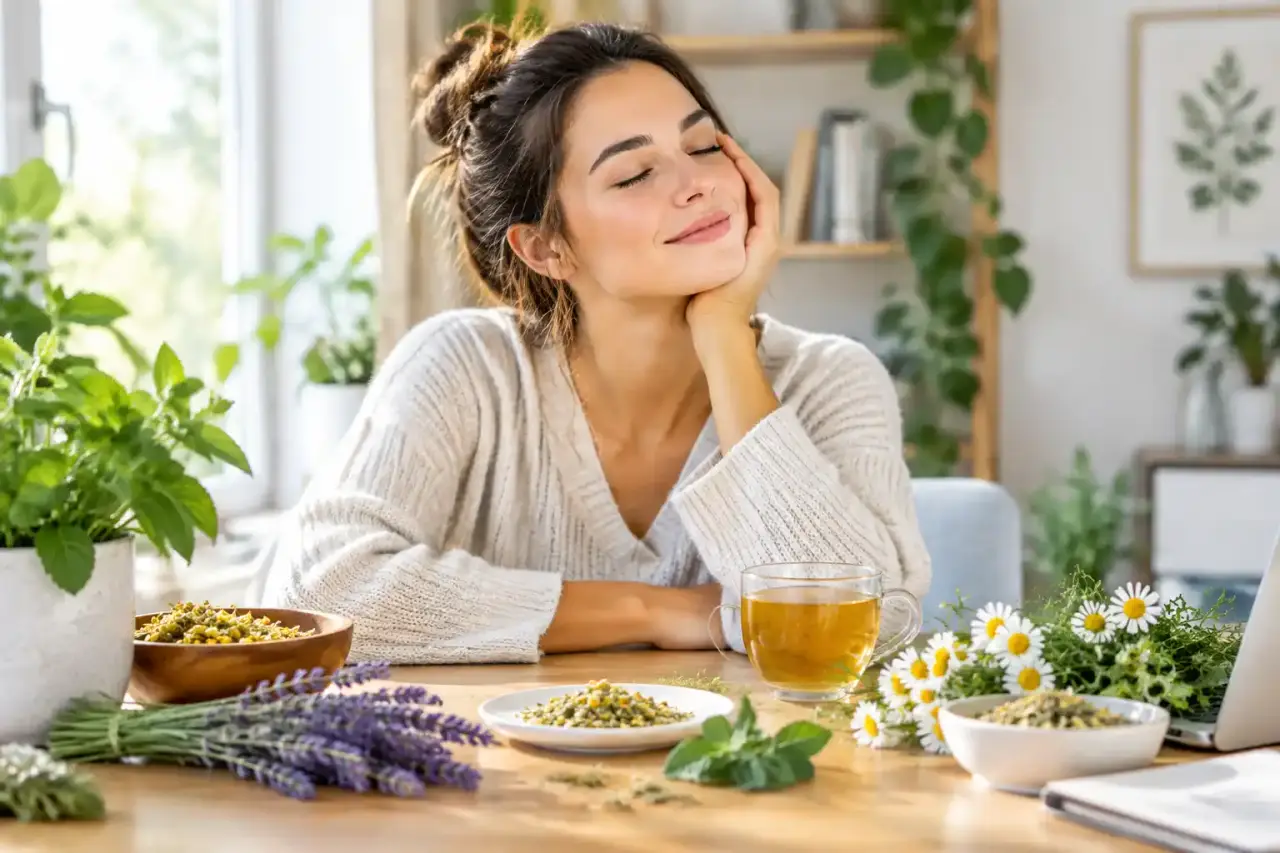 Plantes médicinales et infusion dans une ambiance lumineuse et apaisante