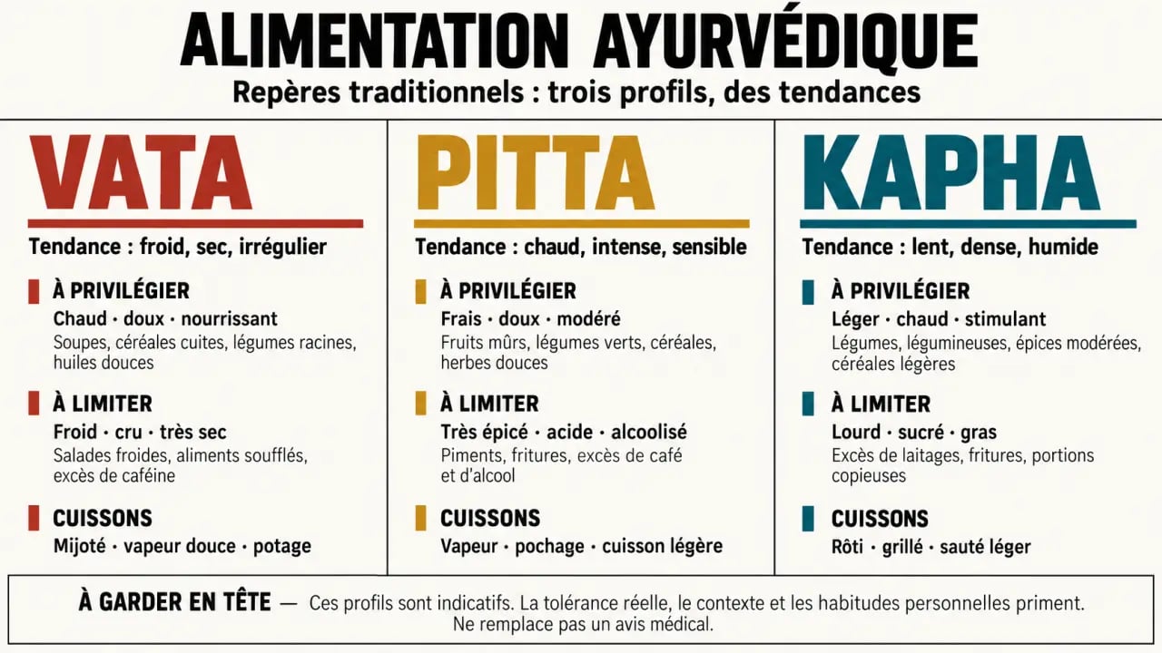 Alimentation ayurvédique : comparaison visuelle des profils Vata, Pitta et Kapha