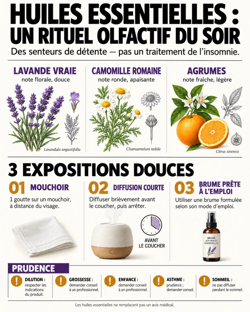 Infographie sur l’huile essentielle pour dormir, les modes d’utilisation et les précautions
