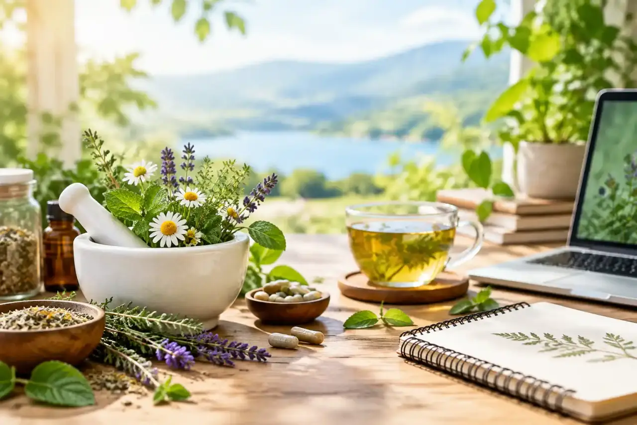 Plantes médicinales fraîches et flacons d'apothicaire